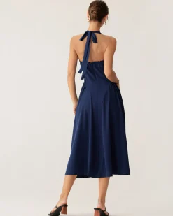Navy Ruched Halter Midi Dress