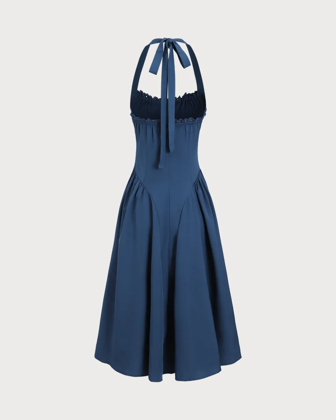 Navy Ruched Halter Midi Dress