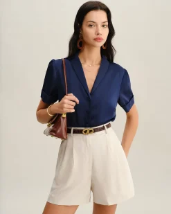 Navy Satin Button Blouse