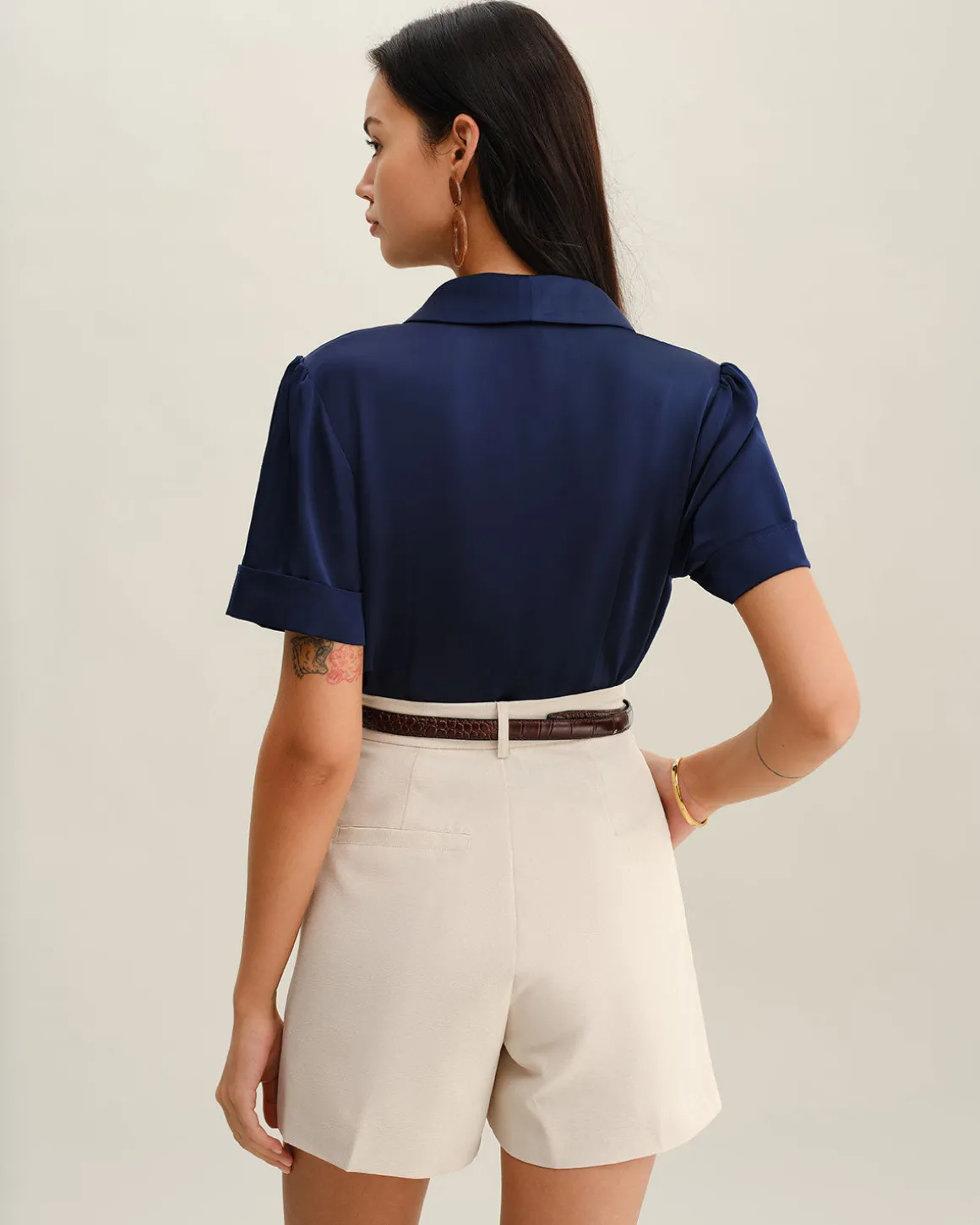 Navy Satin Button Blouse
