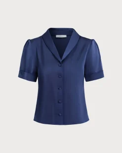 Navy Satin Button Blouse