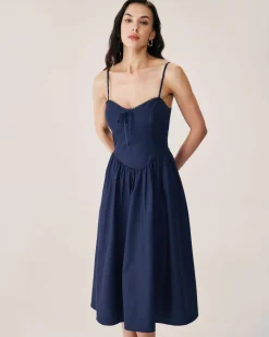 Navy Shirred Slip Midi Dress