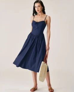 Navy Shirred Slip Midi Dress