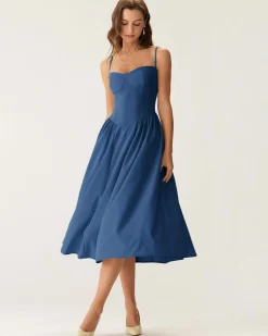 Navy Square Neck Pocket Slip Midi Dress