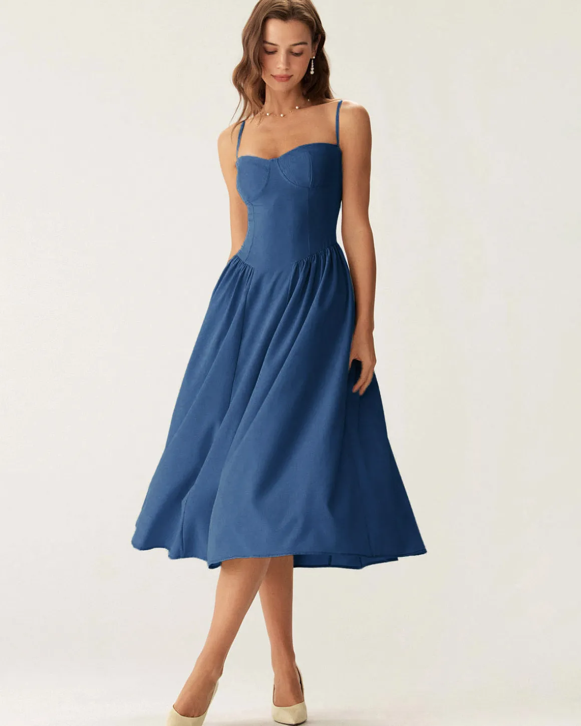 Navy Square Neck Pocket Slip Midi Dress