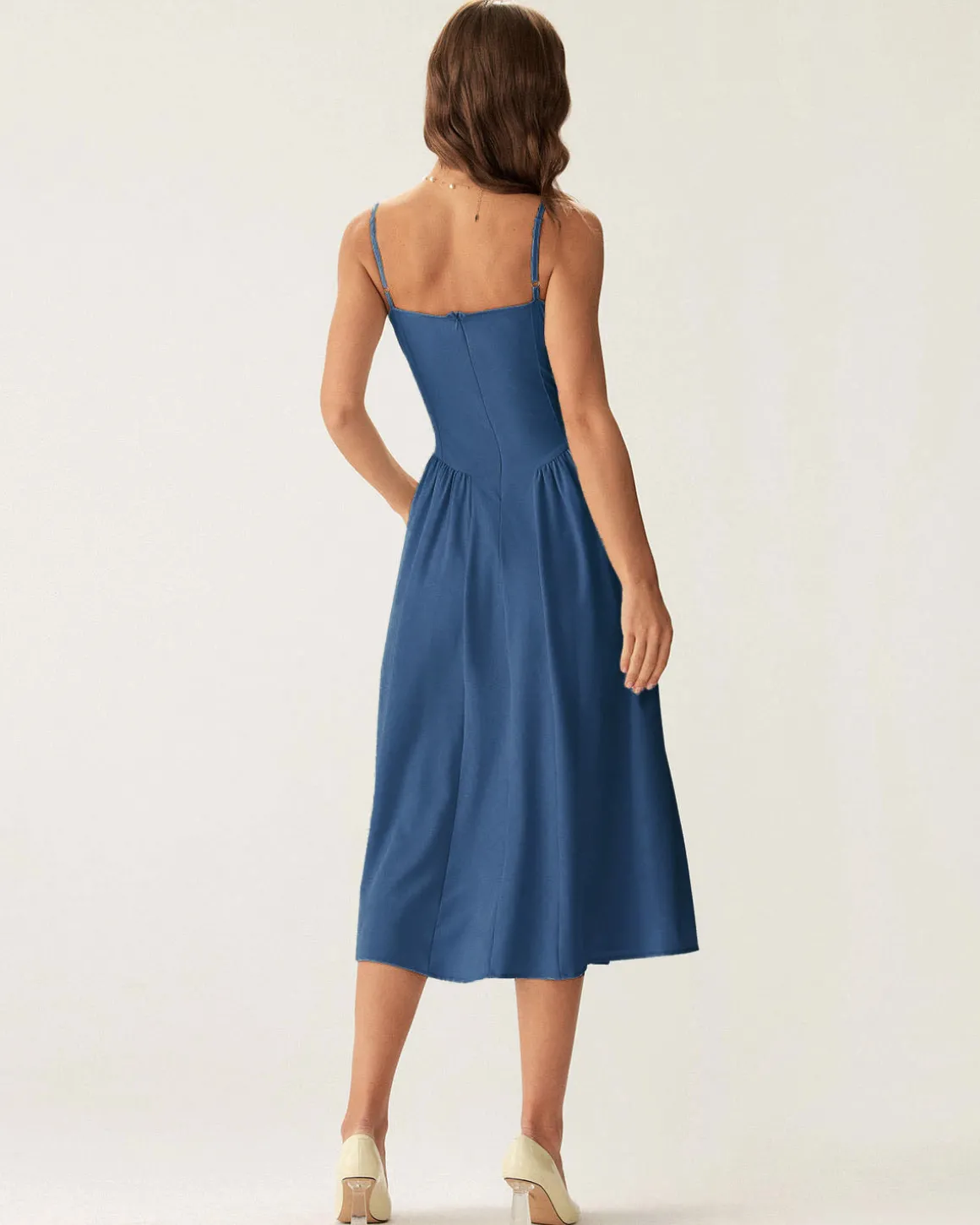 Navy Square Neck Pocket Slip Midi Dress