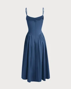 Navy Square Neck Pocket Slip Midi Dress