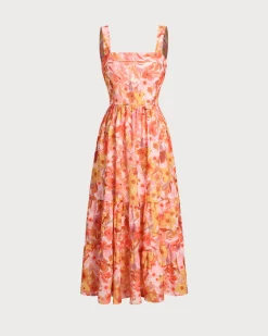 Orange Floral Square Neck Midi Dress