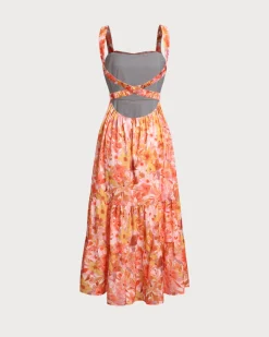 Orange Floral Square Neck Midi Dress