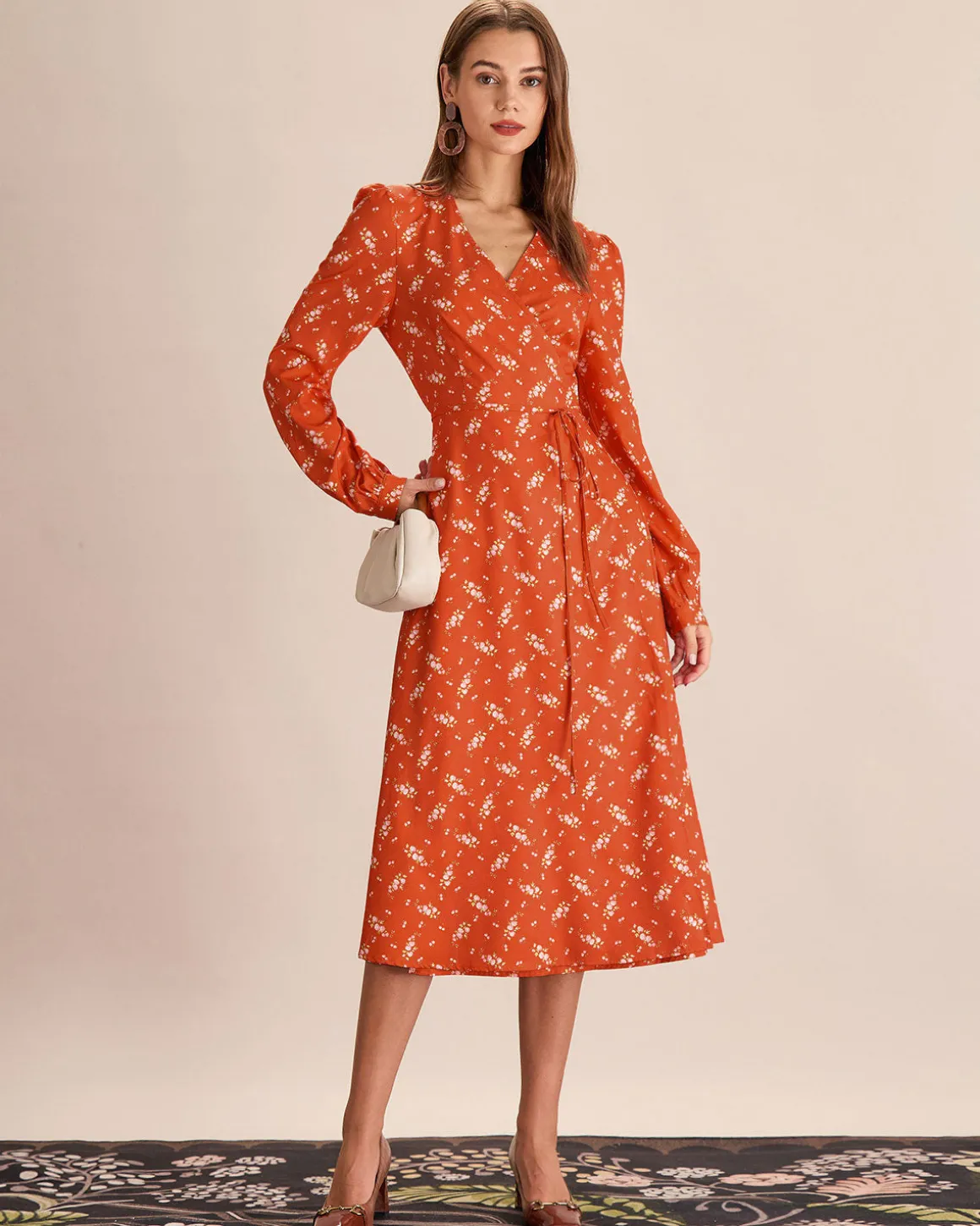 Orange Floral Wrap Midi Dress