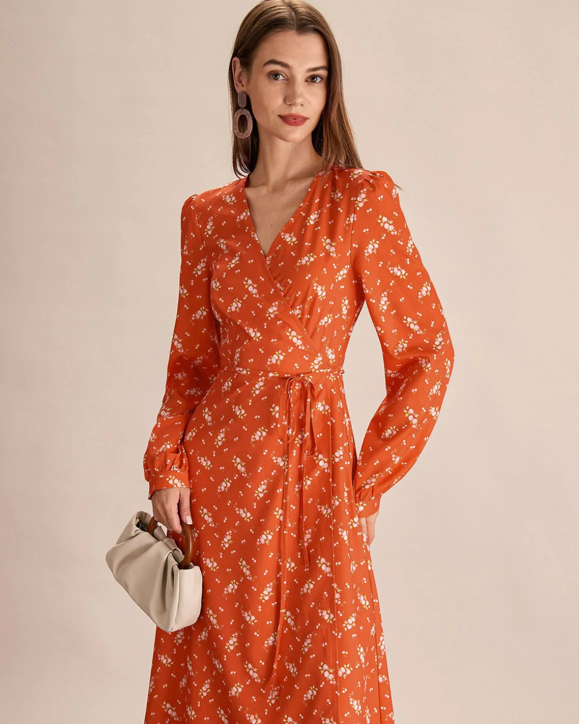 Orange Floral Wrap Midi Dress