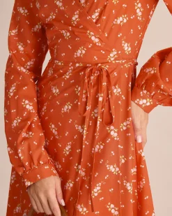 Orange Floral Wrap Midi Dress