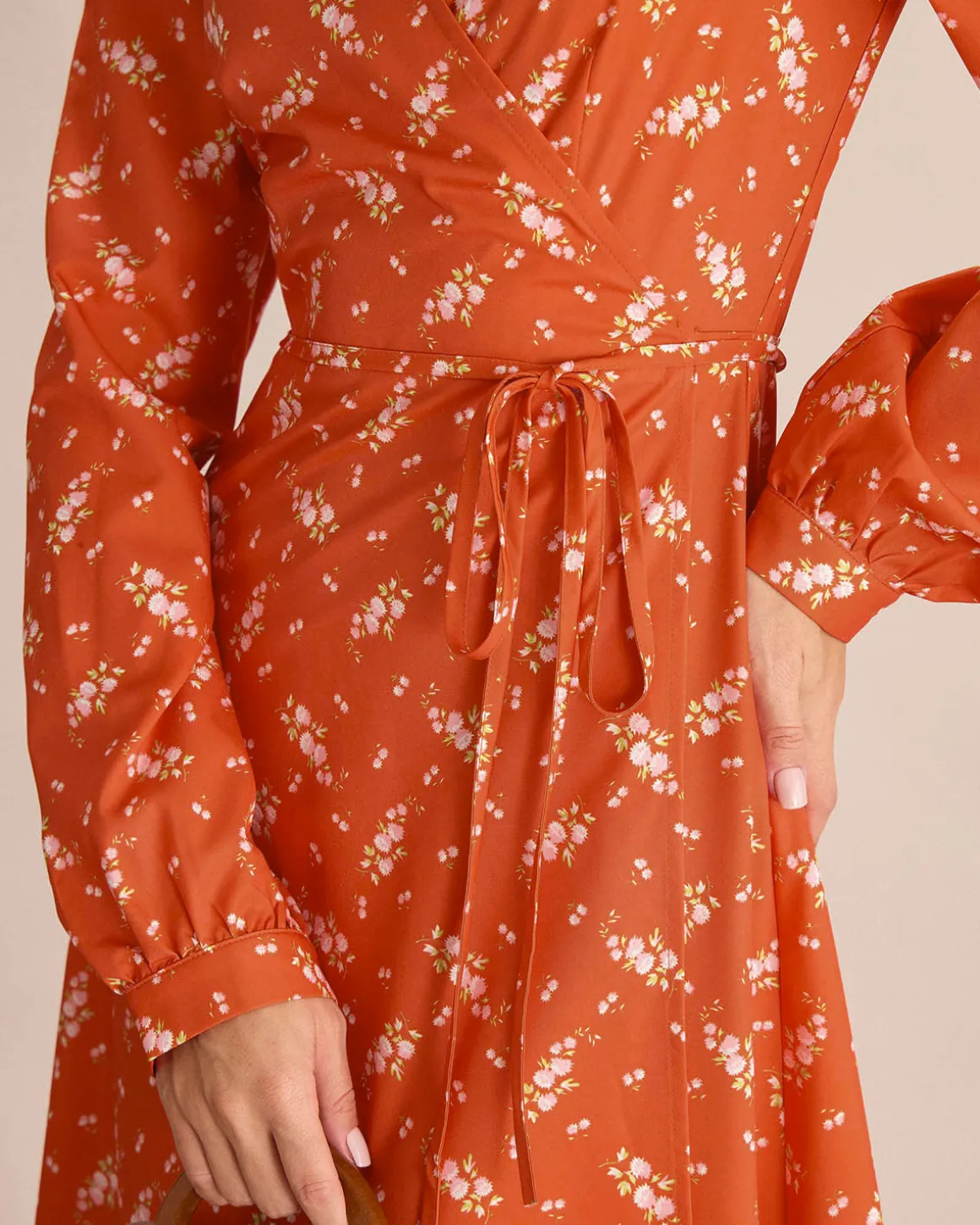 Orange Floral Wrap Midi Dress
