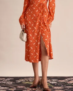 Orange Floral Wrap Midi Dress