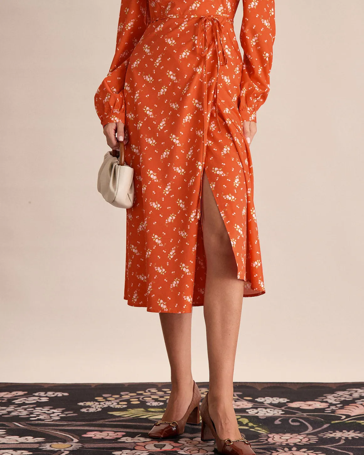 Orange Floral Wrap Midi Dress