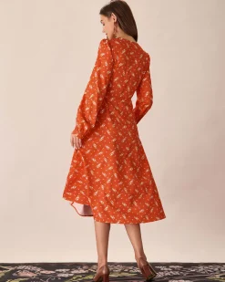Orange Floral Wrap Midi Dress