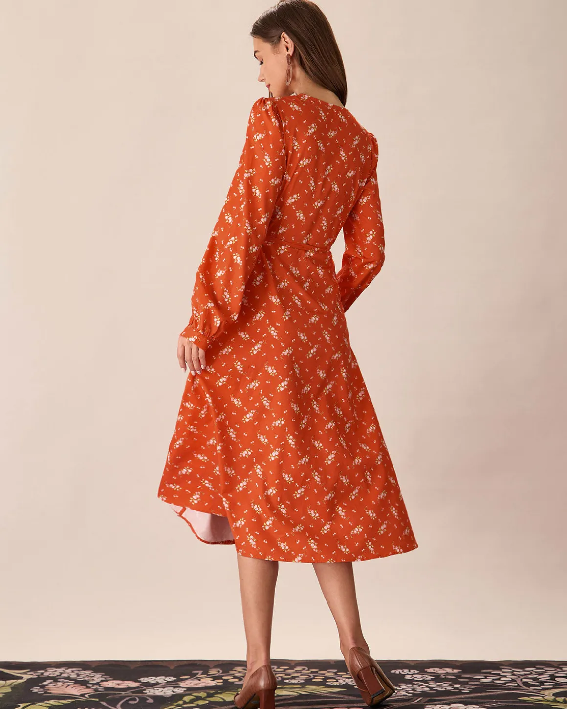 Orange Floral Wrap Midi Dress