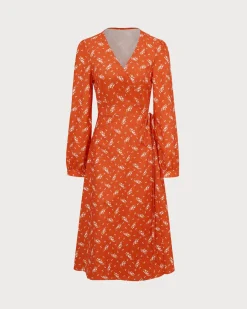 Orange Floral Wrap Midi Dress