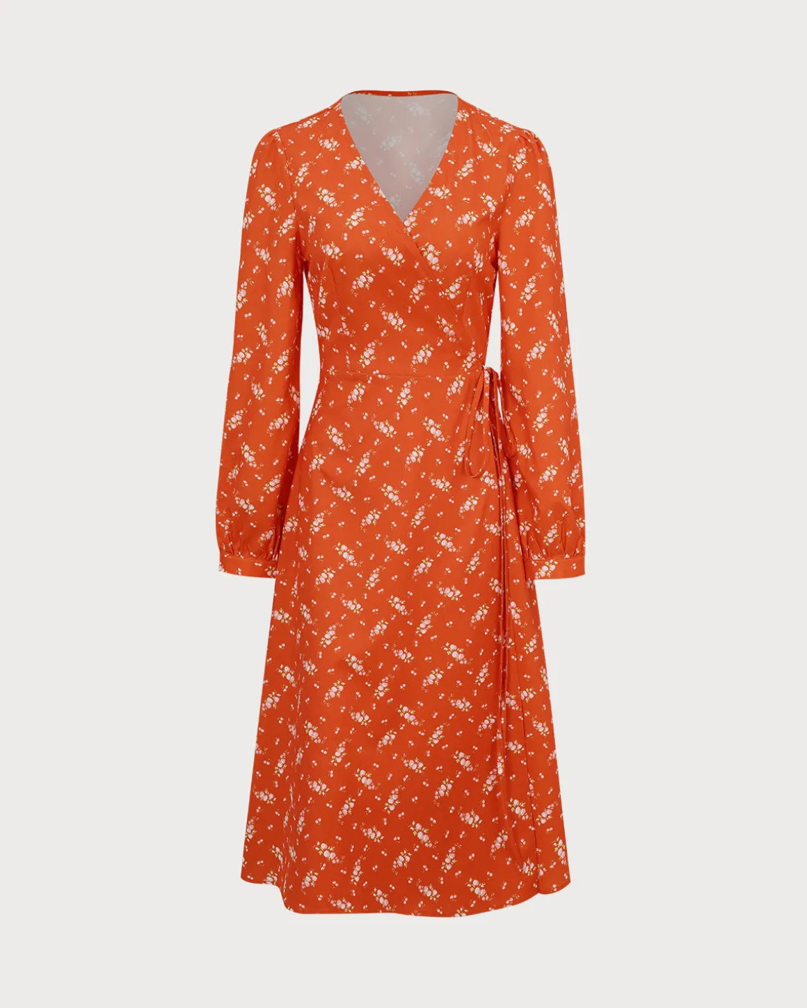 Orange Floral Wrap Midi Dress