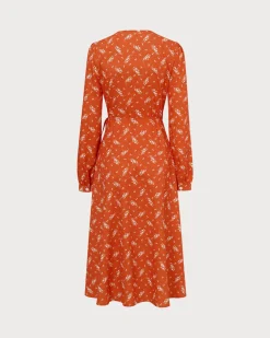 Orange Floral Wrap Midi Dress