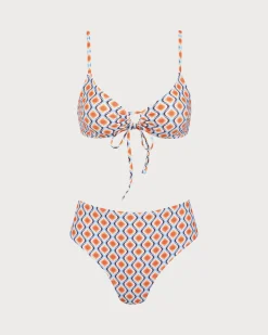 Orange Knitted Geometric Wave Print Bikini Set