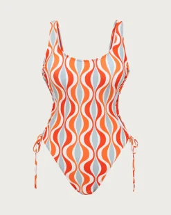 Orange Knitted Geometric Print Cutout One-Piece Swimsuit