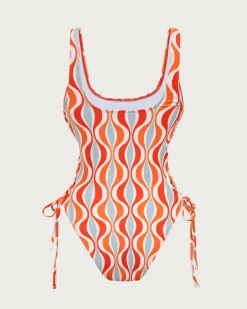 Orange Knitted Geometric Print Cutout One-Piece Swimsuit