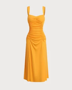 Orange Ruched Knitted Slip Midi Dress
