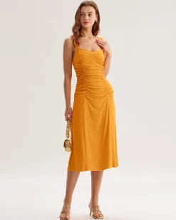 Orange Ruched Knitted Slip Midi Dress