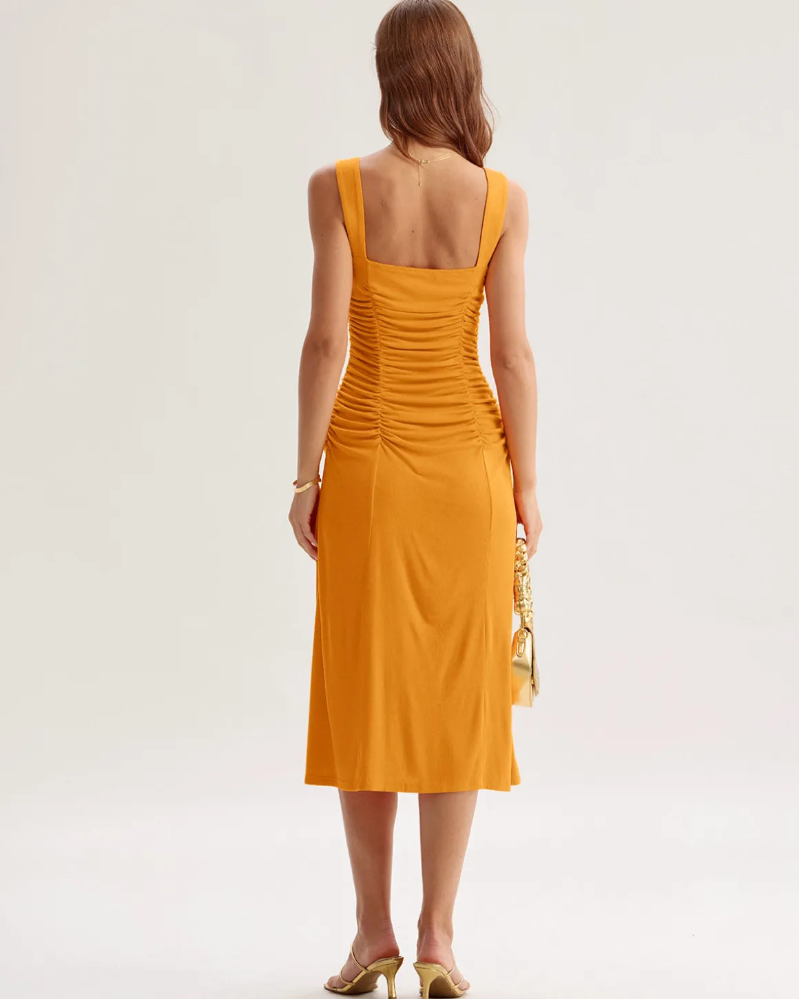 Orange Ruched Knitted Slip Midi Dress