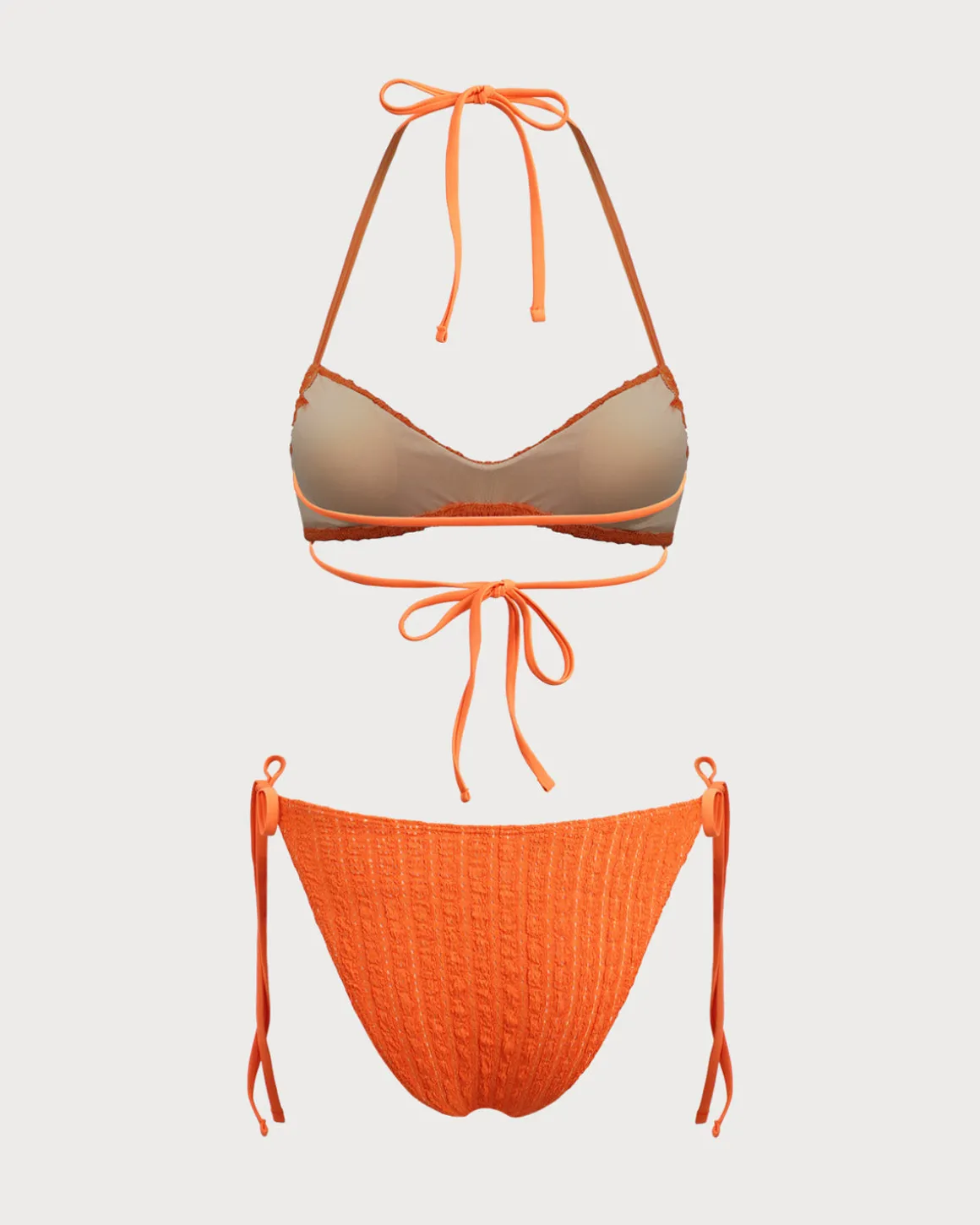 Orange Textured Drawstring Bikini Set