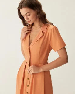 Orange V Neck Pleated Button Midi Dress