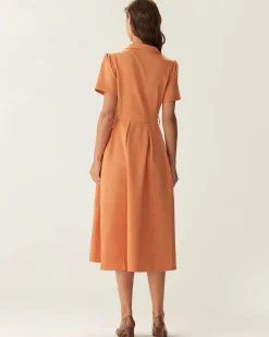 Orange V Neck Pleated Button Midi Dress