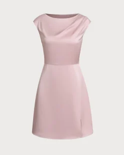 Pink Boat Neck Satin Mini Dress