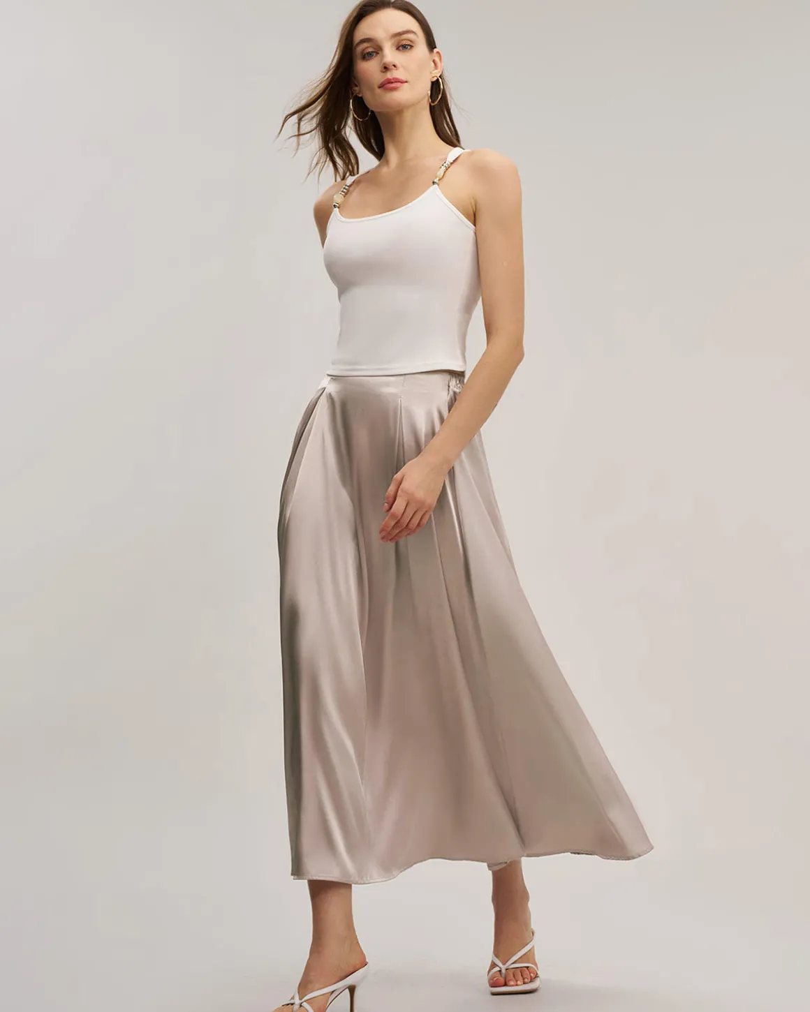 Pink Elastic Waist Flared Midi Skirt