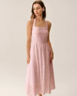 Pink Embroidery Halter Midi Dress