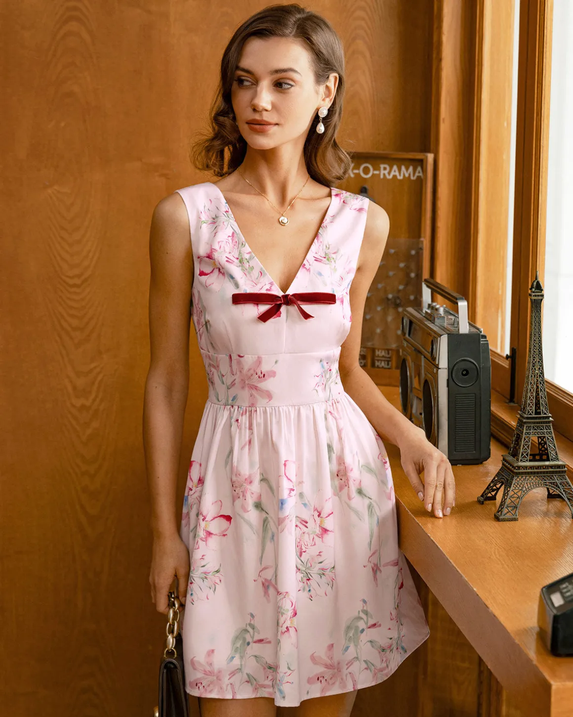 Pink Floral Bowknot Sleeveless Mini Dress