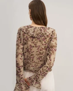 Pink Floral Chiffon Ruffle Blouse