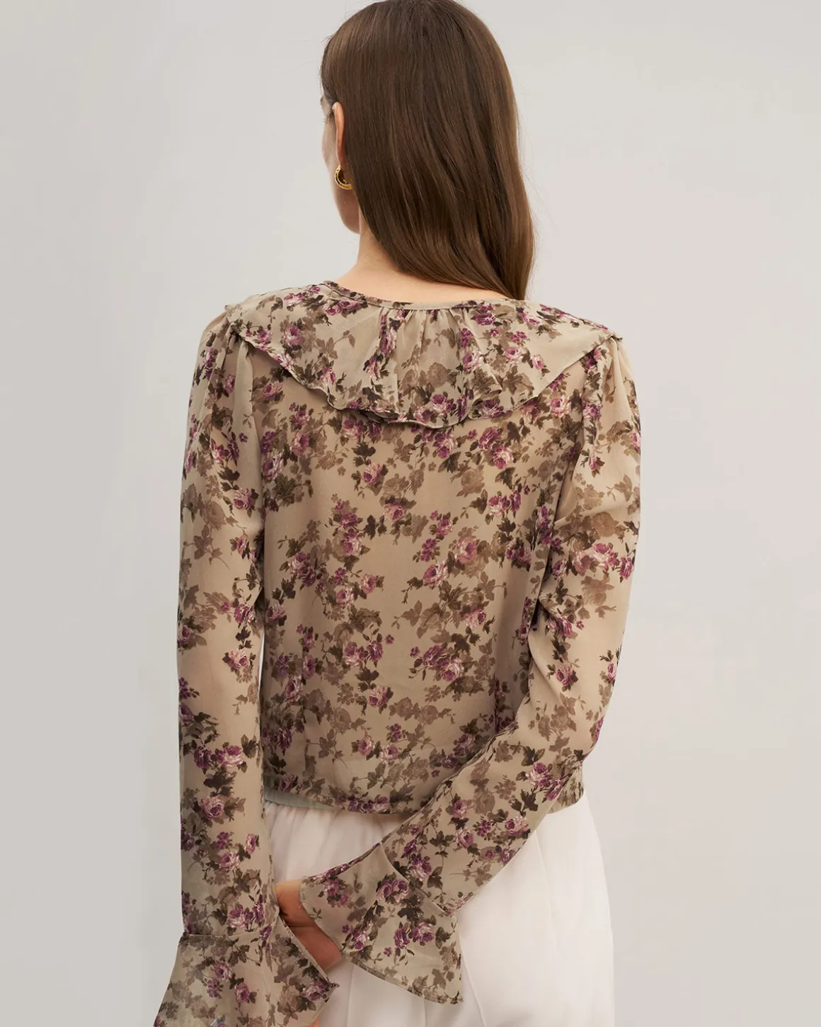 Pink Floral Chiffon Ruffle Blouse