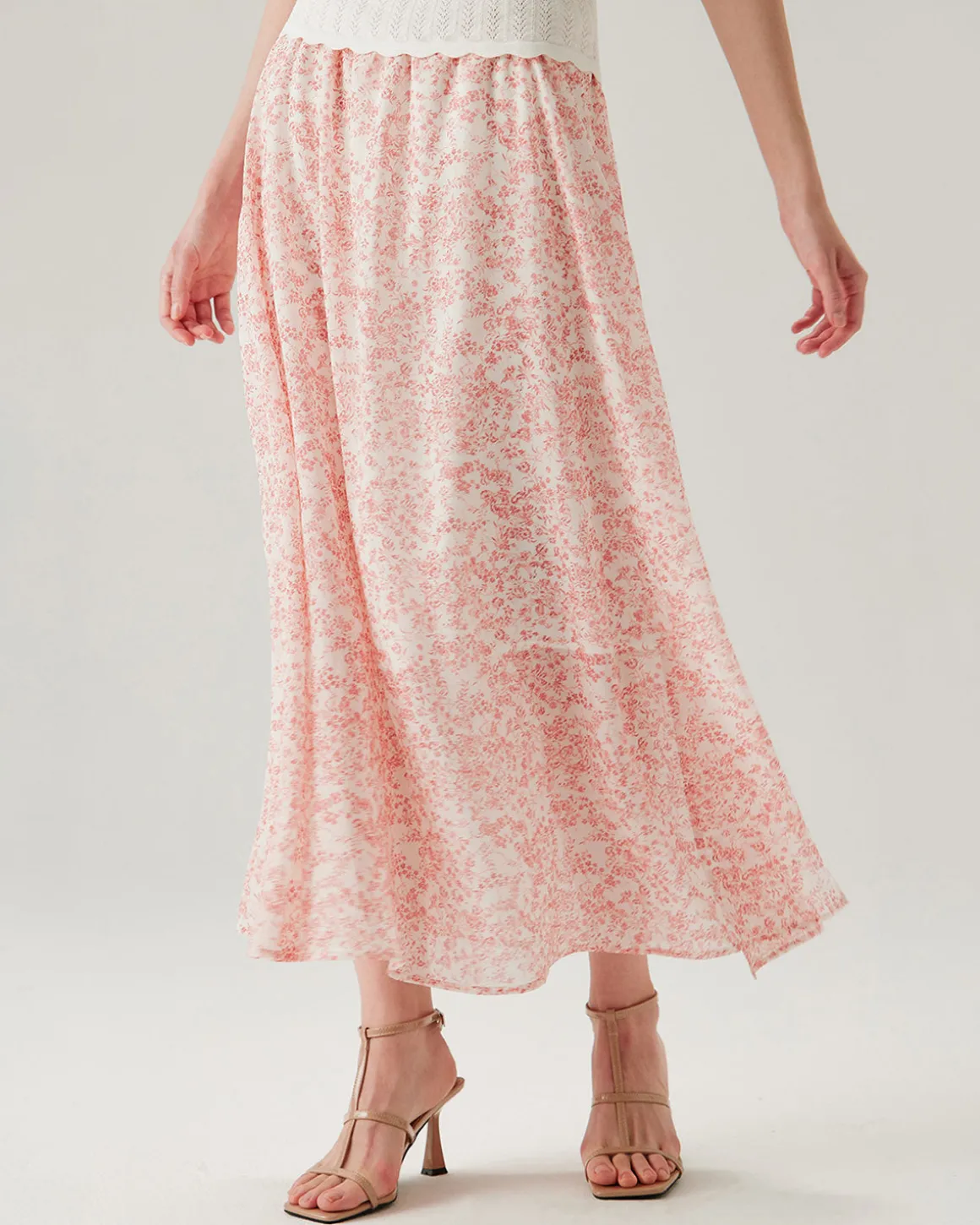 Pink Floral Elastic Waist Flared Skirt
