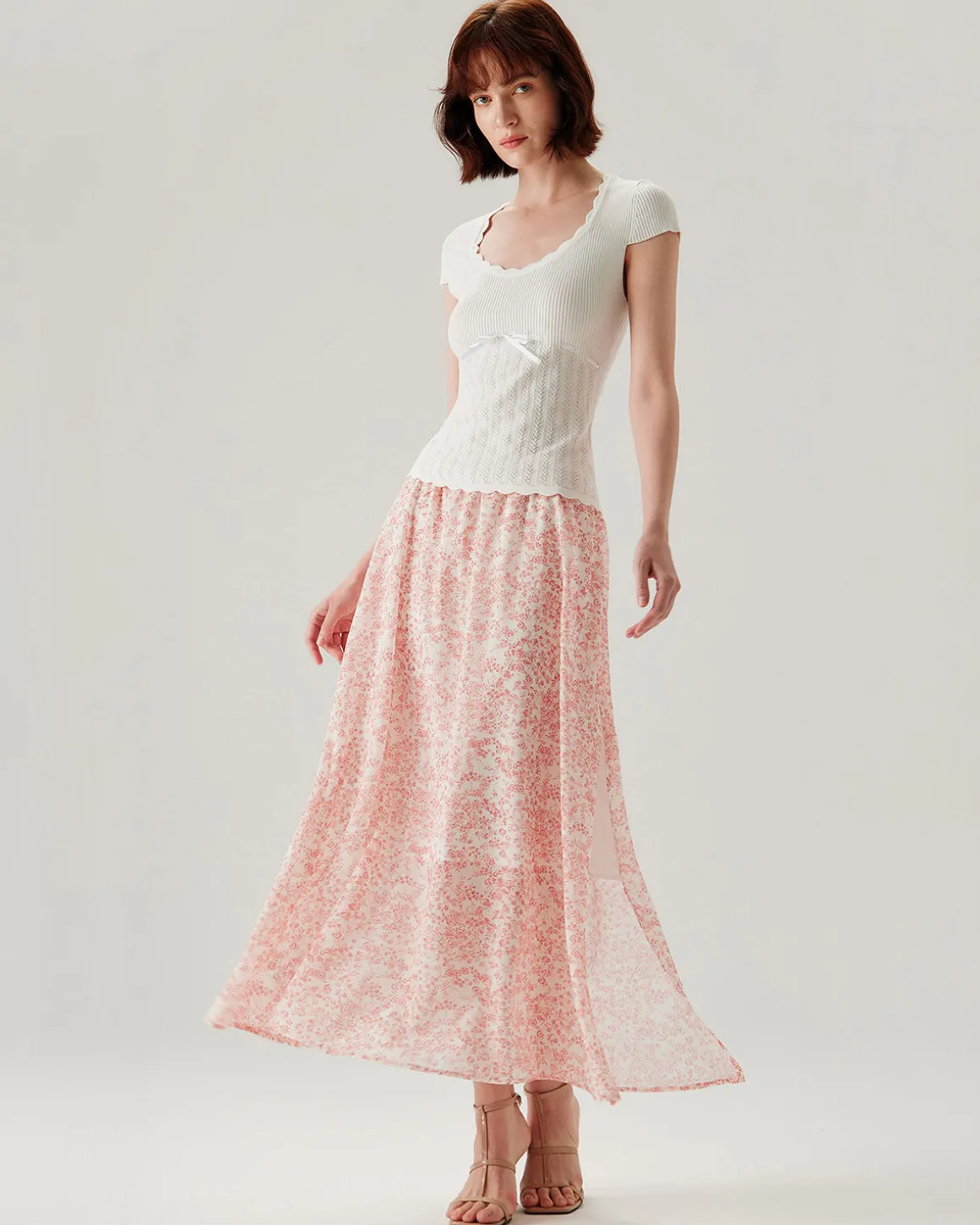 Pink Floral Elastic Waist Flared Skirt
