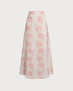 Pink Floral Flared Midi Skirt