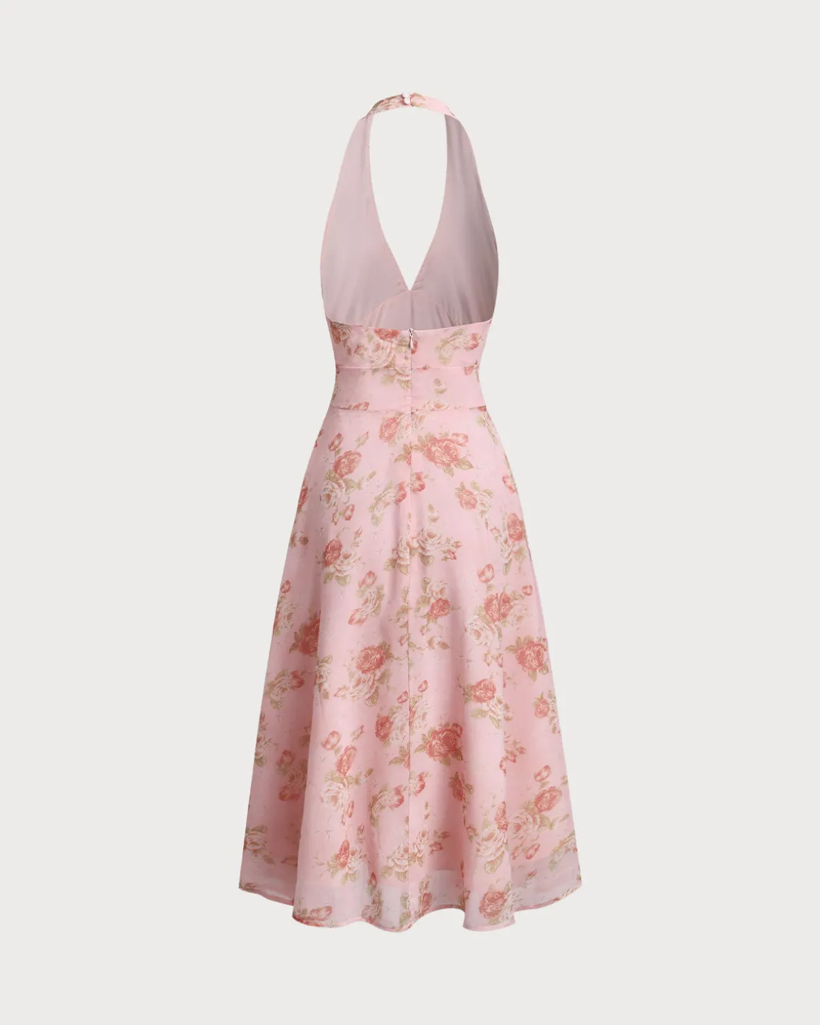 Pink Floral Halter Backless Midi Dress