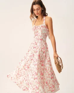 Pink Floral Halter Midi Dress