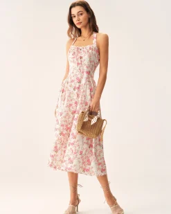 Pink Floral Halter Midi Dress
