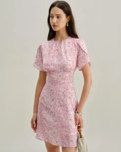 Pink Floral Round Neck Pleated Mini Dress