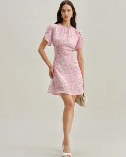 Pink Floral Round Neck Pleated Mini Dress