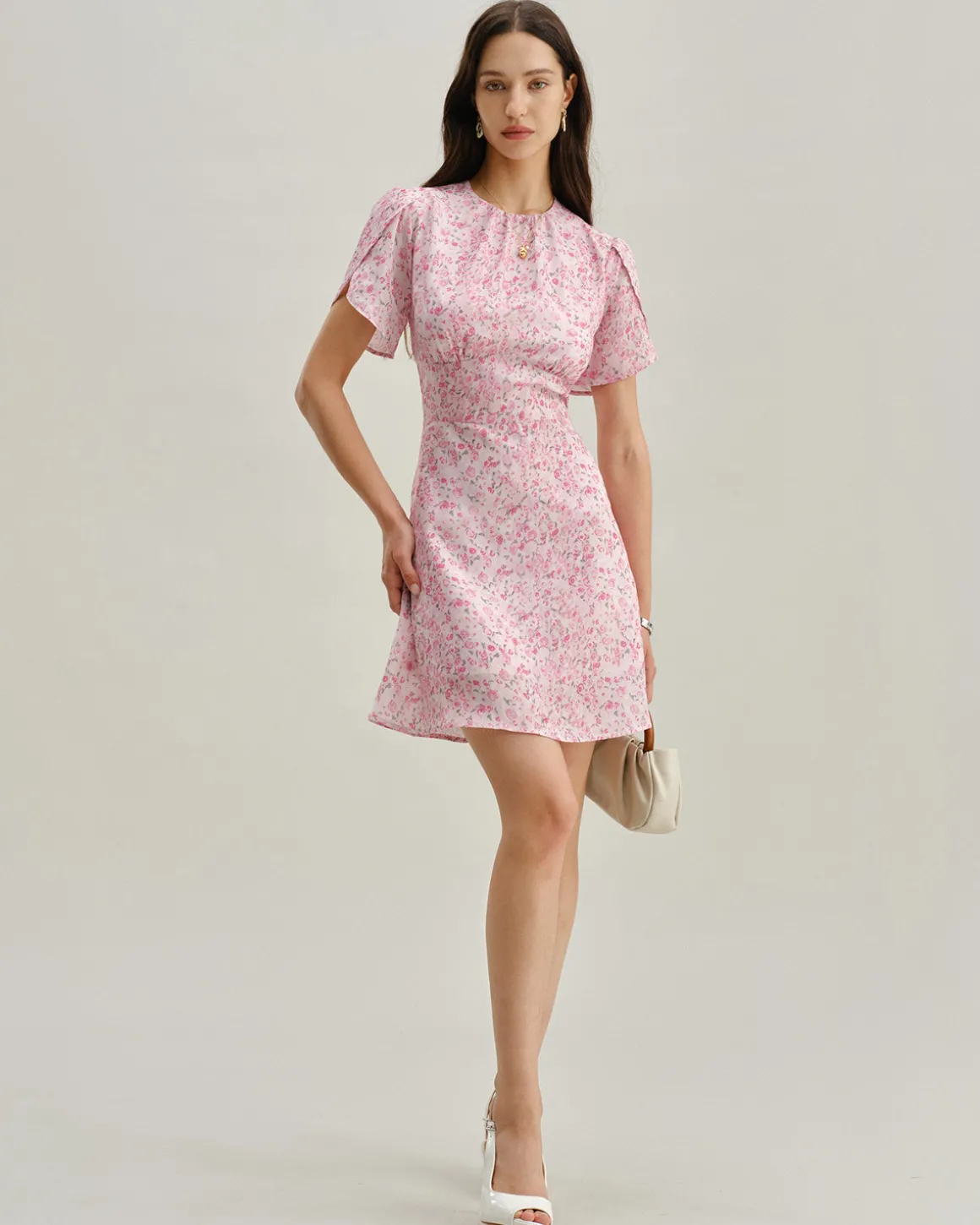 Pink Floral Round Neck Pleated Mini Dress