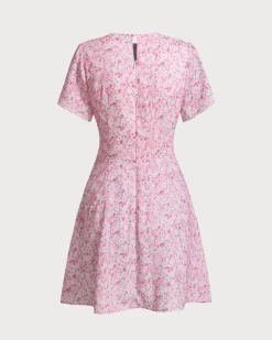 Pink Floral Round Neck Pleated Mini Dress