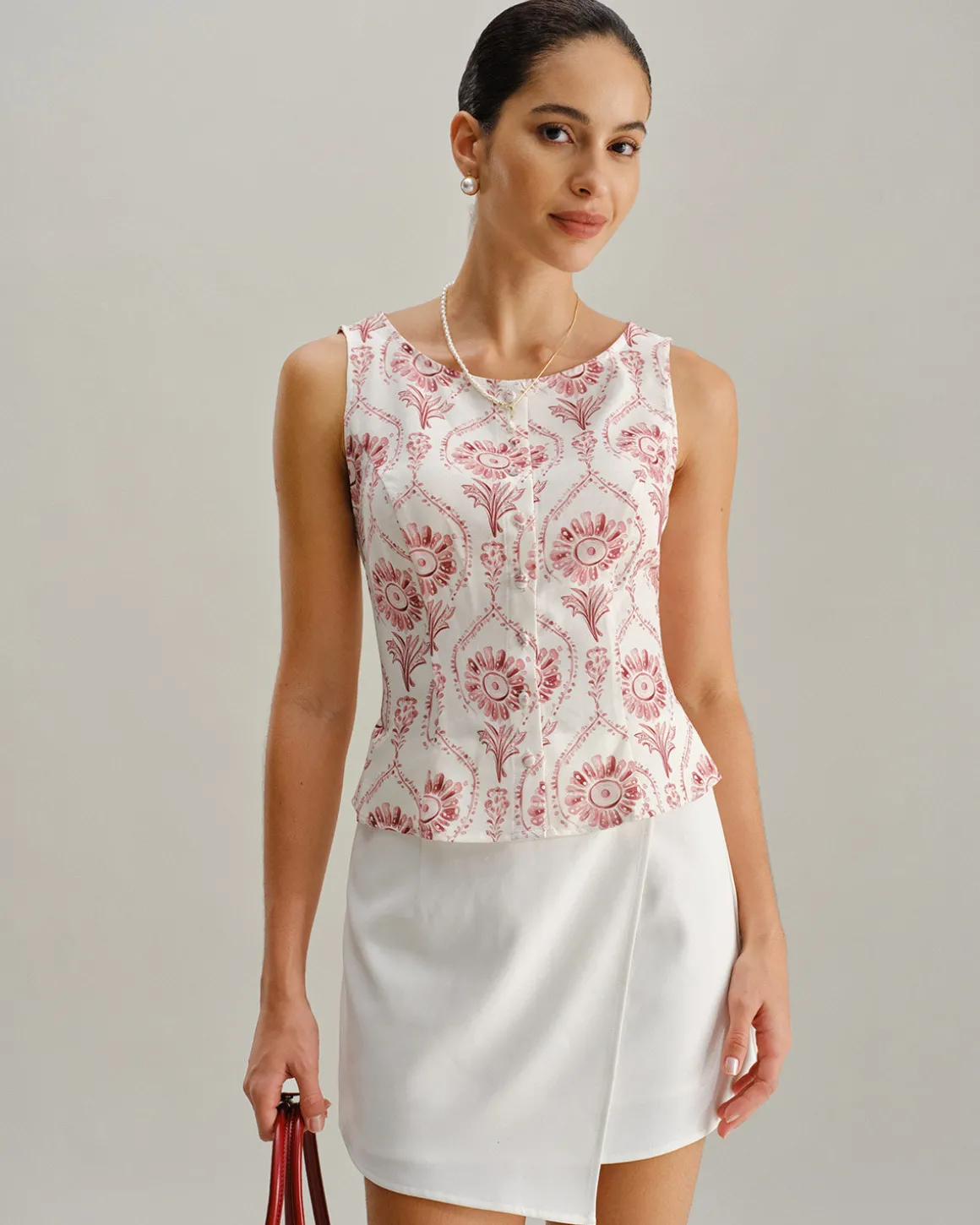 Pink Floral Round Neck Vest